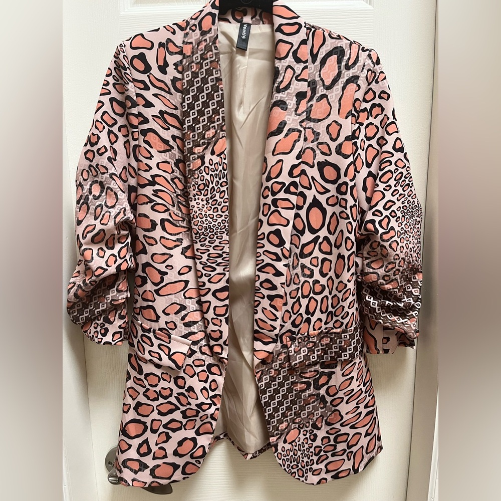Leopard Print Multi-pattern Open Blazer With Ruched Sleeves;Taupe, Blush,Black S